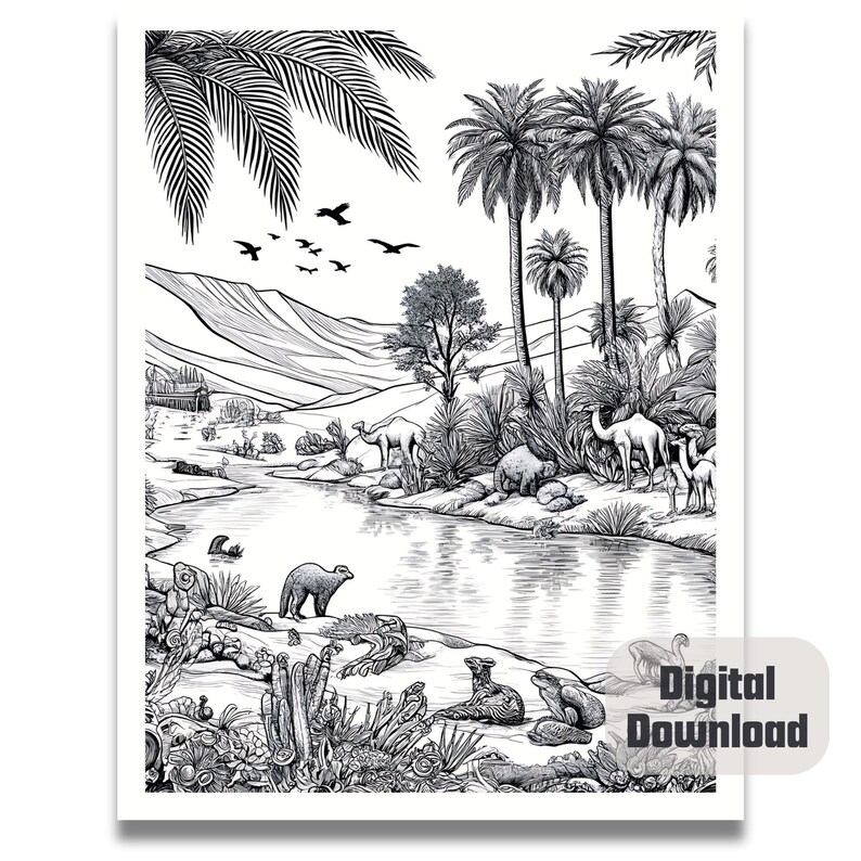 May include: A black and white illustration of a desert oasis with palm trees, camels, and other animals. The scene is drawn in a detailed and realistic style.