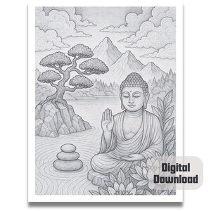 May include: A black and white pencil drawing of a meditating Buddha sitting in a lotus position with a mountain range and a tree in the background. The Buddha is wearing a robe and has a serene expression on his face. There are three stacked stones in the water in front of the Buddha.