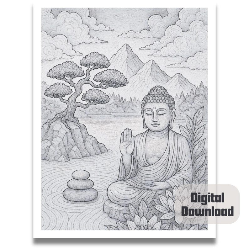 May include: A black and white pencil drawing of a meditating Buddha sitting in a lotus position with a mountain range and a tree in the background. The Buddha is wearing a robe and has a serene expression on his face. There are three stacked stones in the water in front of the Buddha.