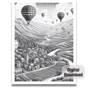 May include: A black and white illustration of a small town nestled in a valley with hot air balloons floating above. The town is surrounded by rolling hills and a river winds through the valley.