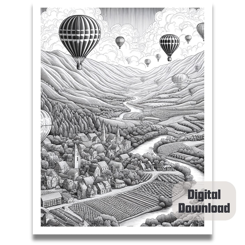 May include: A black and white illustration of a small town nestled in a valley with hot air balloons floating above. The town is surrounded by rolling hills and a river winds through the valley.
