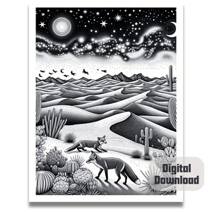 May include: Black and white illustration of a desert landscape with two foxes. The sky is filled with stars and the desert is filled with sand dunes. The foxes are walking in the sand dunes.