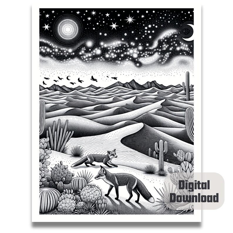 May include: Black and white illustration of a desert landscape with two foxes. The sky is filled with stars and the desert is filled with sand dunes. The foxes are walking in the sand dunes.