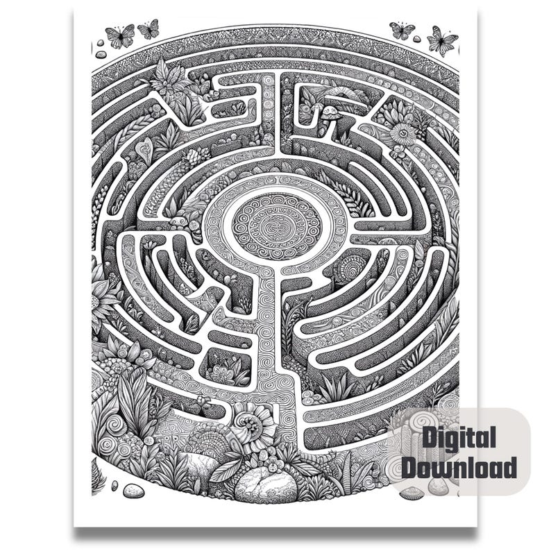 May include: An intricate black and white maze design with a circular centre and a detailed border of flowers and leaves.