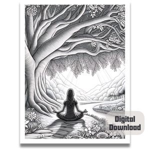 May include: A black and white illustration of a person meditating under a large tree with a river flowing in the background.