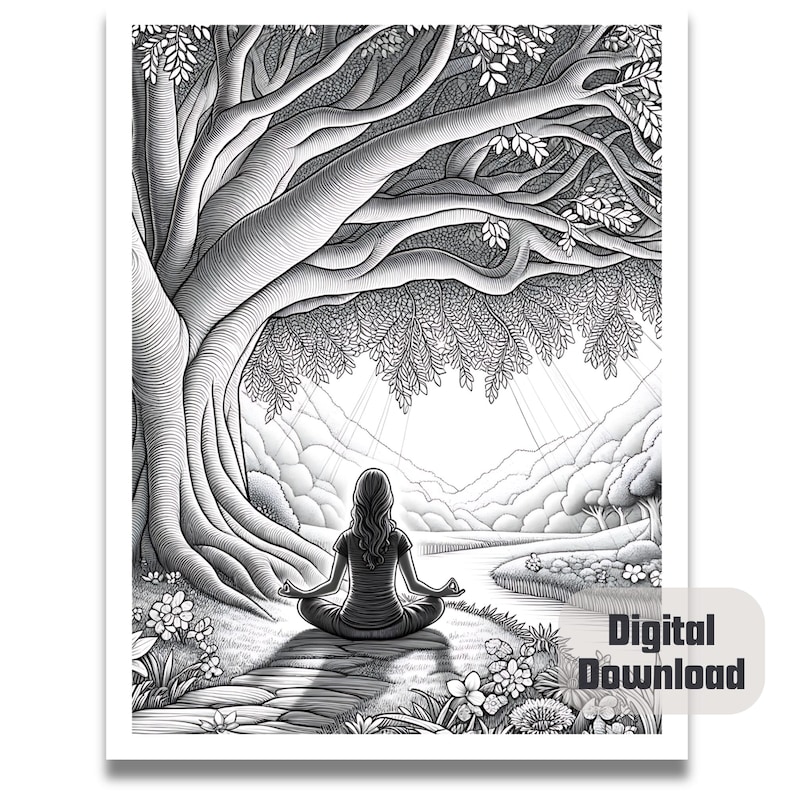 May include: A black and white illustration of a person meditating under a large tree with a river flowing in the background.