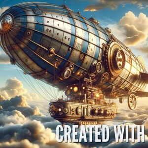 May include: A detailed illustration of a steampunk airship floating above the clouds. The airship features a metallic body with blue and silver accents, intricate mechanical details, and a gondola below. The text "CREATED WITH DALL-E" is visible.