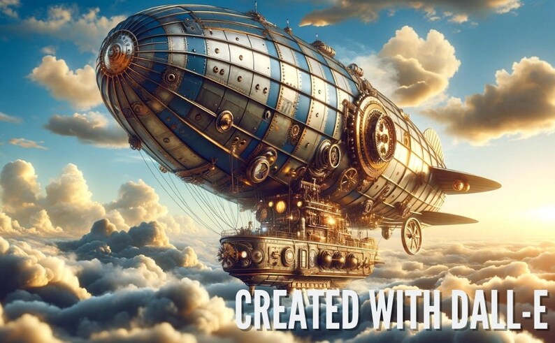 May include: A detailed illustration of a steampunk airship floating above the clouds. The airship features a metallic body with blue and silver accents, intricate mechanical details, and a gondola below. The text "CREATED WITH DALL-E" is visible.