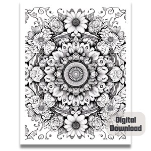 May include: Black and white intricate mandala design with floral elements. The mandala is surrounded by a border of flowers and leaves.