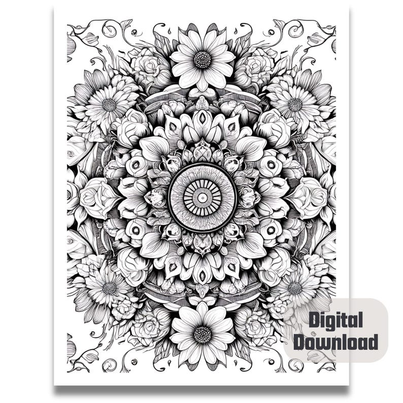 May include: Black and white intricate mandala design with floral elements. The mandala is surrounded by a border of flowers and leaves.