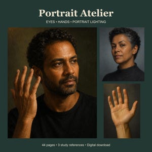 May include: A digital download titled Portrait Atelier with 44 pages and 3 study references. The cover features a portrait of a person with dark curly hair, a portrait of a person with short graying hair, and a close-up of an open hand.