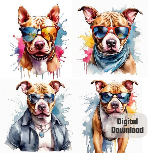 Pitbull Clipart Bundle, 4 Digital Download, watercolor, cool sunglasses, jackets and scarfs, street art paint splash, Cool Pitbull, Wall art