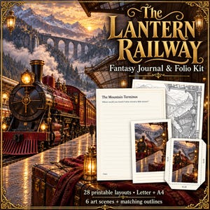 May include: The Lantern Railway Fantasy Journal & Folio Kit featuring a red steam train at a station, lined writing pages with the text The Mountain Terminus, black and white coloring outlines, and 28 printable layouts in Letter and A4 sizes.