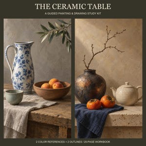 May include: THE CERAMIC TABLE A GUIDED PAINTING & DRAWING STUDY KIT. A blue and white floral pitcher, a small green bowl, a wooden bowl with peaches, a dark textured vase with a branch, two persimmons, and a white teapot. 2 COLOUR REFERENCES + 2 OUTLINES / 20-PAGE WORKBOOK.
