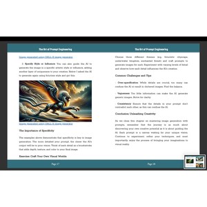 May include: A page from a book titled "The Art of Prompt Engineering" with text and an illustration of a winged creature. The image is a guide to using AI image generators, with tips on specificity and style. Page numbers 17 and 18 are visible.
