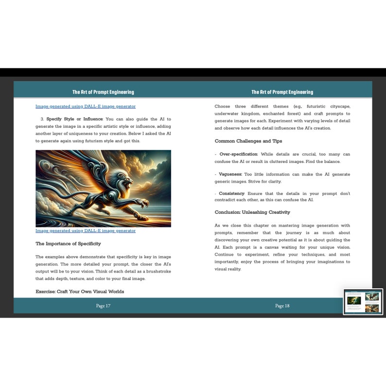 May include: A page from a book titled "The Art of Prompt Engineering" with text and an illustration of a winged creature. The image is a guide to using AI image generators, with tips on specificity and style. Page numbers 17 and 18 are visible.
