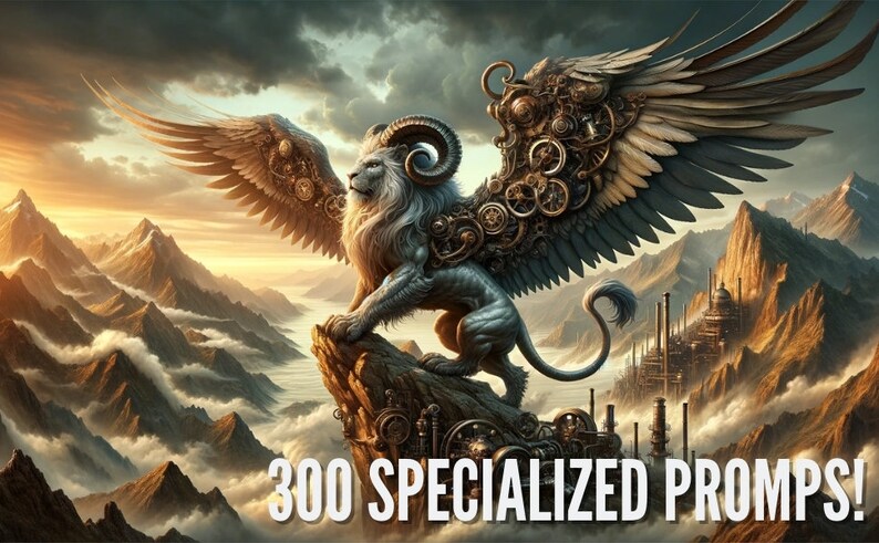 May include: An artistic depiction of a lion-like creature with mechanical wings and gears, perched atop a rocky outcrop. The background features a mountain range and a city with smokestacks. The text "300 SPECIALIZED PROMPTS!" is displayed at the bottom.