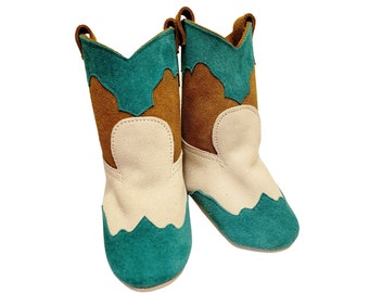 Turquoise, Toast and White Leather Baby Cowboy Boots, Infant Cowgirl Booties, Unisex soft sole footwear