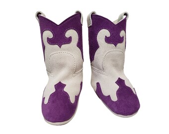 Purple and White Leather Baby Cowboy Boots, Infant Cowgirl Booties, Unisex soft sole footwear