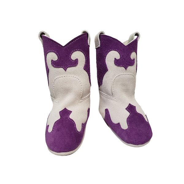 Purple and White Leather Baby Cowboy Boots, Infant Cowgirl Booties, Unisex soft sole footwear