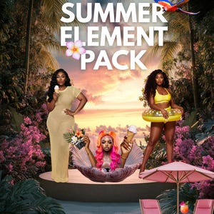 May include: Promotional image with the text "SUMMER ELEMENT PACK" featuring three women in a tropical setting. One woman wears a yellow outfit and floats in a yellow inflatable ring. The image includes a parrot, flowers, and beach chairs.