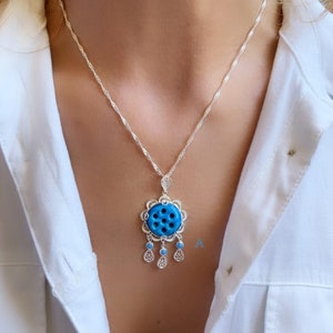 925k Sterling Silver Handmade Evil Eye Turquoise Necklace with Handmade Filigree Details for Women