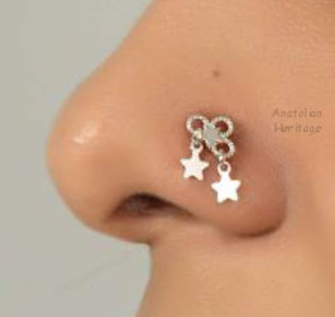 925k Sterling Silver Nose Stud Star Shaped Dangle Nose Ring Etsy