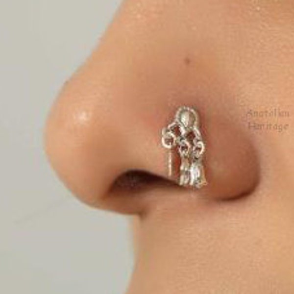 Tulip Shaped- 925k Sterling Silver Nose Stud- dangle nose ring- Bellydance Jewelry- Bellydance dangling Nose stud