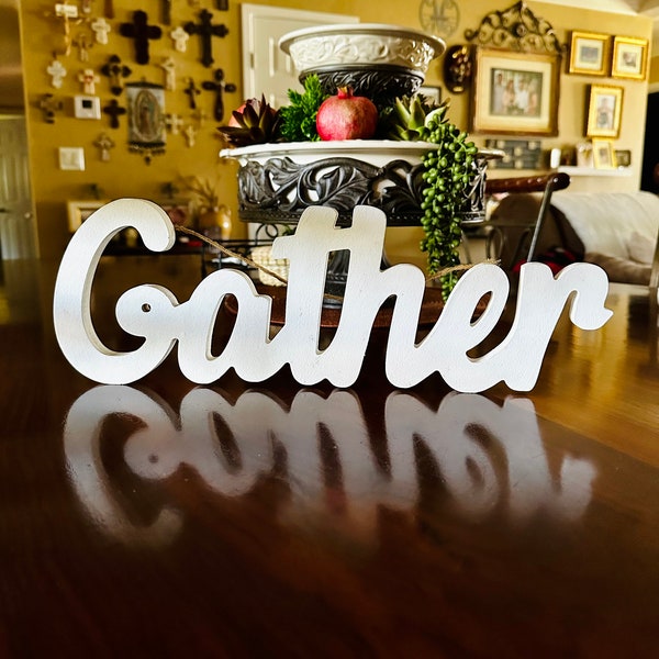 Gather Sign (15 1/2', White, Gather word cutout, 1/2" thick wooden letters gather sign, Gather cutout