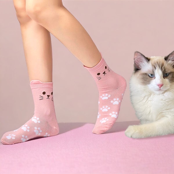 Pink- Women’s Cat Socks, Cute Novelty Animal Socks with Paw Prints | Cat Socks for Ladies | Birthday Anniversary Wedding
