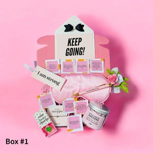 Könnte beinhalten: Rosa Geschenkbox gefüllt mit Selbstpflegeartikeln, darunter eine Schlafmaske, ein Stift, ein Glas mit Erfolgsbotschaften und Karten mit inspirierenden Zitaten. Die Box enthält auch einen Glücksbringer mit einem vierblättrigen Kleeblatt und dem Text "your lucky charm". Der Deckel der Box hat eine rosa Schleife und den Text "KEEP GOING!"
