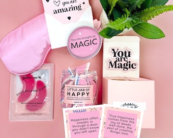 Self Care Gift Box for Her: Pink Happy Box, Uplifting Quotes Jar, Eye Mask & Sleep Mask, Pick Me Up
