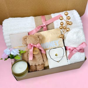 Valentine gift box galentine gift set for women gift box for her care package for daughter wife anniversary girlfriend pink cute gift box gift basket hamper hugs gift sympathy thinking of you gift hygge gift box