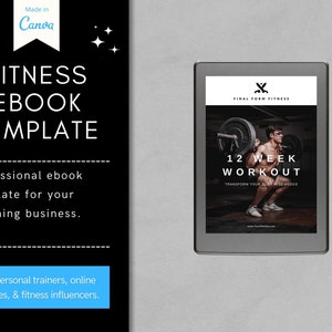 K&ouml;nnte beinhalten: Ein Schwarzwei&szlig;-Ebook-Cover mit dem Titel "12 Week Workout" und dem Text "Transform your body in 12 weeks". Das Cover zeigt eine Person, die Gewichte in einem Fitnessstudio hebt.