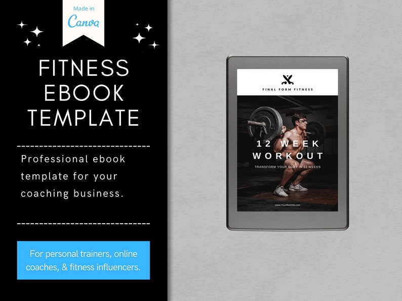 K&ouml;nnte beinhalten: Ein Schwarzwei&szlig;-Ebook-Cover mit dem Titel "12 Week Workout" und dem Text "Transform your body in 12 weeks". Das Cover zeigt eine Person, die Gewichte in einem Fitnessstudio hebt.