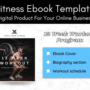 K&ouml;nnte beinhalten: Ein Schwarzwei&szlig;bild eines Mannes, der Gewichte hebt, mit dem Text "12 Week Workout" und "Transform Your Body in 12 Weeks". Das Bild ist ein Cover f&uuml;r ein E-Book mit dem Titel "12 Week Workout Program".