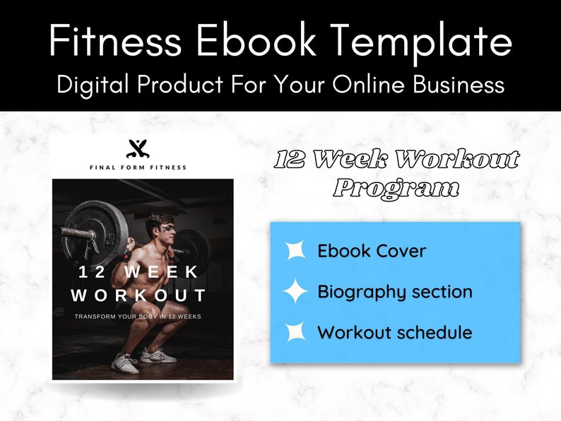 K&ouml;nnte beinhalten: Ein Schwarzwei&szlig;bild eines Mannes, der Gewichte hebt, mit dem Text "12 Week Workout" und "Transform Your Body in 12 Weeks". Das Bild ist ein Cover f&uuml;r ein E-Book mit dem Titel "12 Week Workout Program".