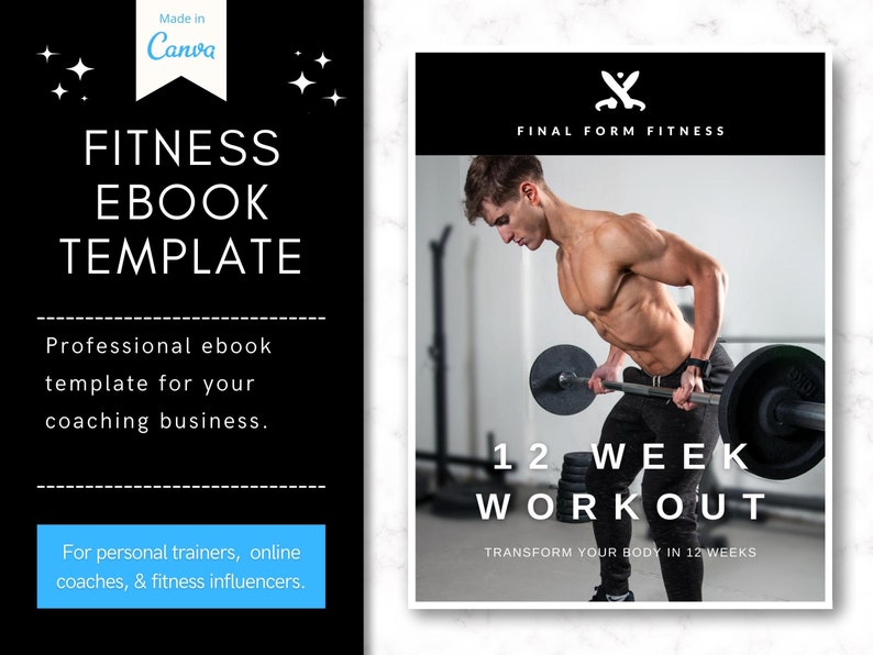 K&ouml;nnte beinhalten: Schwarzwei&szlig;es E-Book-Cover mit einem Mann, der Gewichte hebt. Der Text auf dem Cover lautet "Final Form Fitness 12 Week Workout Transform Your Body in 12 Weeks".