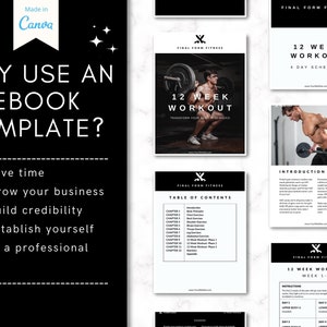 K&ouml;nnte beinhalten: Eine schwarz-wei&szlig;e Grafik mit dem Text "WHY USE AN EBOOK TEMPLATE?" und einer Liste von Gr&uuml;nden, warum die Verwendung einer E-Book-Vorlage von Vorteil ist. Die Gr&uuml;nde sind: "Zeit sparen", "Ihr Gesch&auml;ft ausbauen", "Ihre Glaubw&uuml;rdigkeit st&auml;rken" und "Sich als Profi etablieren".