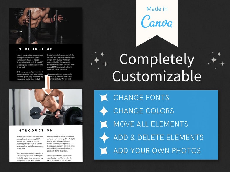K&ouml;nnte beinhalten: Eine blaue und wei&szlig;e Grafik mit dem Text "Made in Canva" und "Komplett anpassbar". Unter dem Text befinden sich f&uuml;nf wei&szlig;e Sterne auf blauem Hintergrund mit dem Text "Schriftarten &auml;ndern", "Farben &auml;ndern", "Alle Elemente verschieben", "Elemente hinzuf&uuml;gen und l&ouml;schen" und "Eigene Fotos hinzuf&uuml;gen".