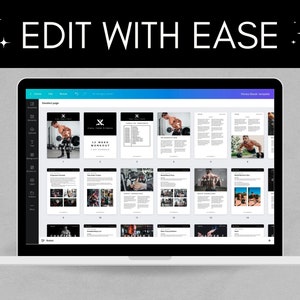 K&ouml;nnte beinhalten: Ein Laptop-Bildschirm zeigt einen digitalen Fitness-Leitfaden mit einem schwarz-wei&szlig;en Design. Der Leitfaden tr&auml;gt den Titel "12 Week Workout" und zeigt Bilder von Menschen, die trainieren. Der Bildschirm zeigt auch eine Men&uuml;leiste mit Optionen f&uuml;r "Startseite", "Seiten", "Thema" und "Herunterladen".