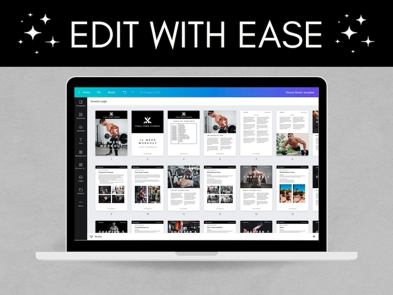 K&ouml;nnte beinhalten: Ein Laptop-Bildschirm zeigt einen digitalen Fitness-Leitfaden mit einem schwarz-wei&szlig;en Design. Der Leitfaden tr&auml;gt den Titel "12 Week Workout" und zeigt Bilder von Menschen, die trainieren. Der Bildschirm zeigt auch eine Men&uuml;leiste mit Optionen f&uuml;r "Startseite", "Seiten", "Thema" und "Herunterladen".