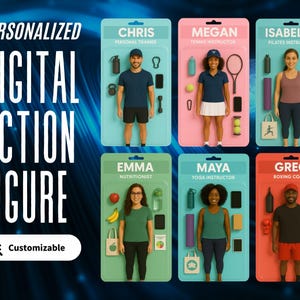 Op de afbeelding: Een productafbeelding van een gepersonaliseerde digitale actiefiguur. De afbeelding toont zes actiefiguren die verschillende beroepen vertegenwoordigen: personal trainer, tennisinstructeur, Pilates-instructeur, voedingsdeskundige, yogaleraar en bokscoach. Elke figuur wordt gepresenteerd in een kleurrijk pakket.