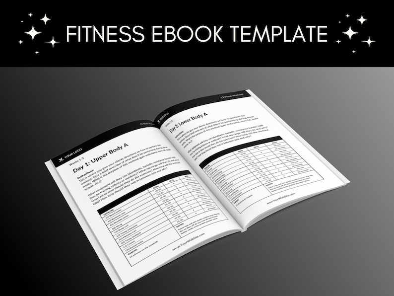 K&ouml;nnte beinhalten: Offenes Fitness-Ebook-Template in Schwarzwei&szlig; mit dem Titel "Fitness Ebook Template" auf dem Cover. Die Seiten zeigen einen Trainingsplan mit den &Uuml;berschriften "Tag 1: Oberk&ouml;rper A" und "Tag 2: Unterk&ouml;rper A".