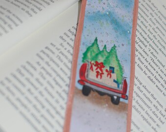 Hand painted Christmas bookmark with red truck, gifts for her, gifts for him.