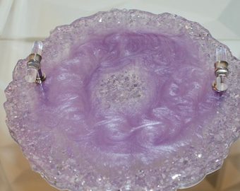 Amethyst inspired Sparkly round geode decorative tray with crushed glass & handles. Can be made any color. Add matching coaster set.