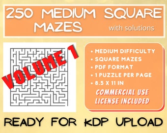 250 Medium Square Mazes Volume 1 | KDP Interiors | Activity Books | PDF Ready to Upload