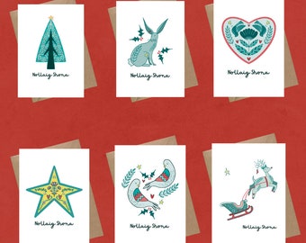 Nollaig Shona! Folk inspired Christmas Card Assorted Pack as Gaeilge, Irish language