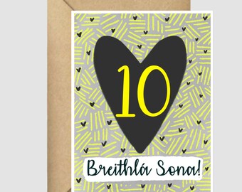 Tenth Birthday Card, Ten, Irish language, Gaeilge, Greeting Card, heart