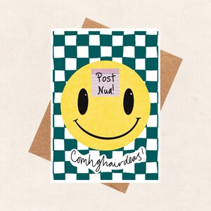 Congratulations on your New Job, Comhghairdeas, post nua, greeting card, Irish, Gaeilge, happy, smiley face
